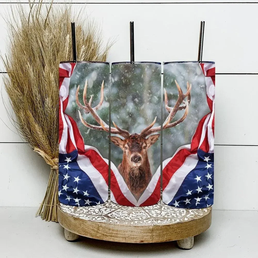 Deer Hunting American Flag 20oz Tumbler With Metal Straw - Picture 2 of 2